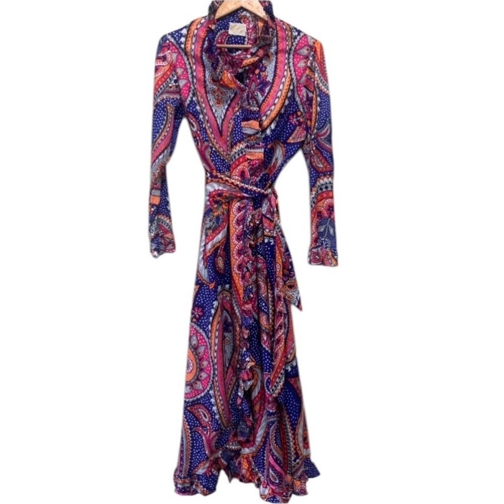 Vintage Concept 70s Swirl Multicolored Wrap Dress Long Sz6 Sz8 Medium